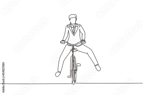 Single one line drawing happy young man wearing suit going to wedding celebration riding bicycle. Ecological, healthy vehicle of transportation. Continuous line draw design graphic vector illustration