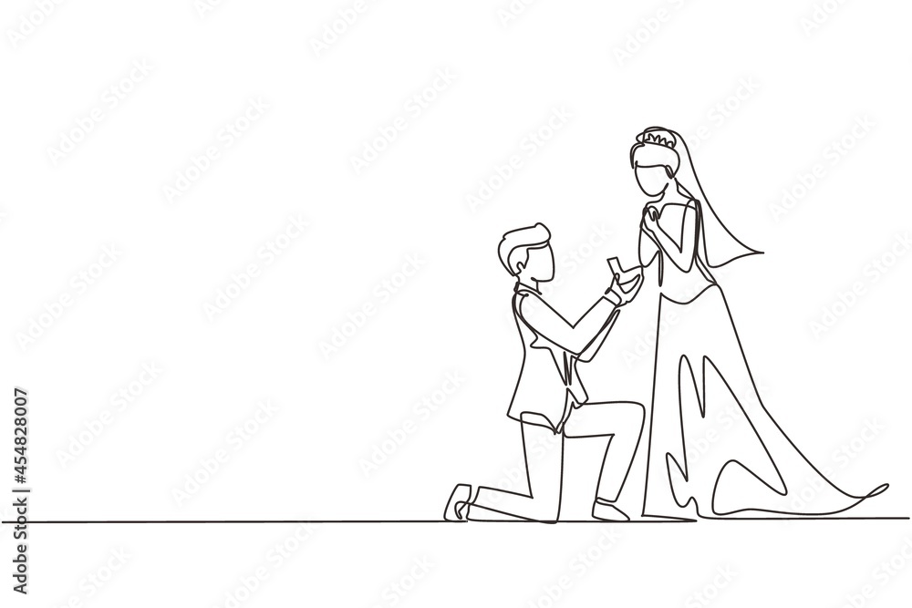 Continuous one line drawing man kneeling holding engagement ring proposing woman marry him marriage with wedding dress. Guy on knees proposing girl to marry. Single line draw design vector graphic