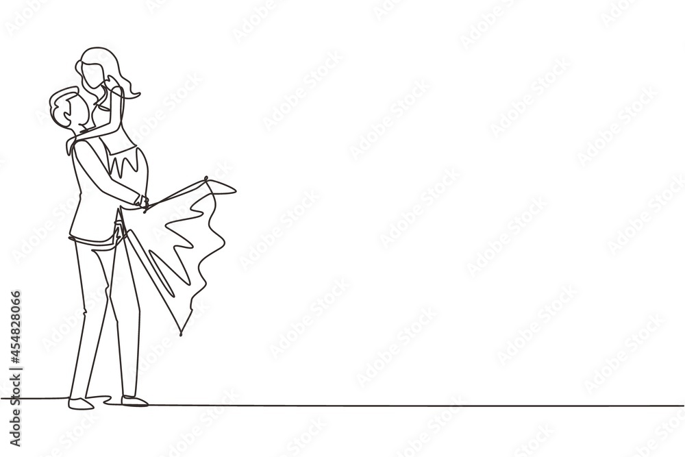 Single continuous line happy man carrying and embracing woman with wedding dress. Cute romantic married couple relationship celebrate wedding party. One line draw graphic design vector illustration Single continuous line happy man carrying and embracing woman with wedding dress. Cute romantic married couple relationship celebrate wedding party. One line draw graphic design vector illustration