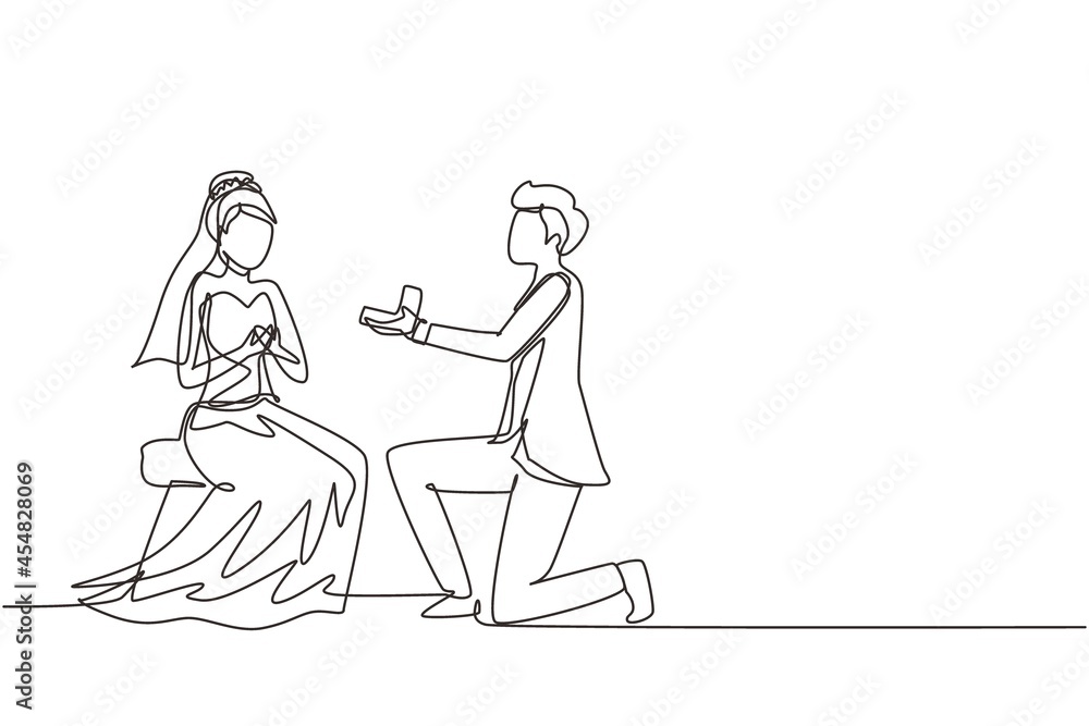 Single continuous line man makes marriage proposal woman with wedding dress and gives ring. Happy couple getting ready for wedding. Bride and groom celebrate engagement. One line draw design vector