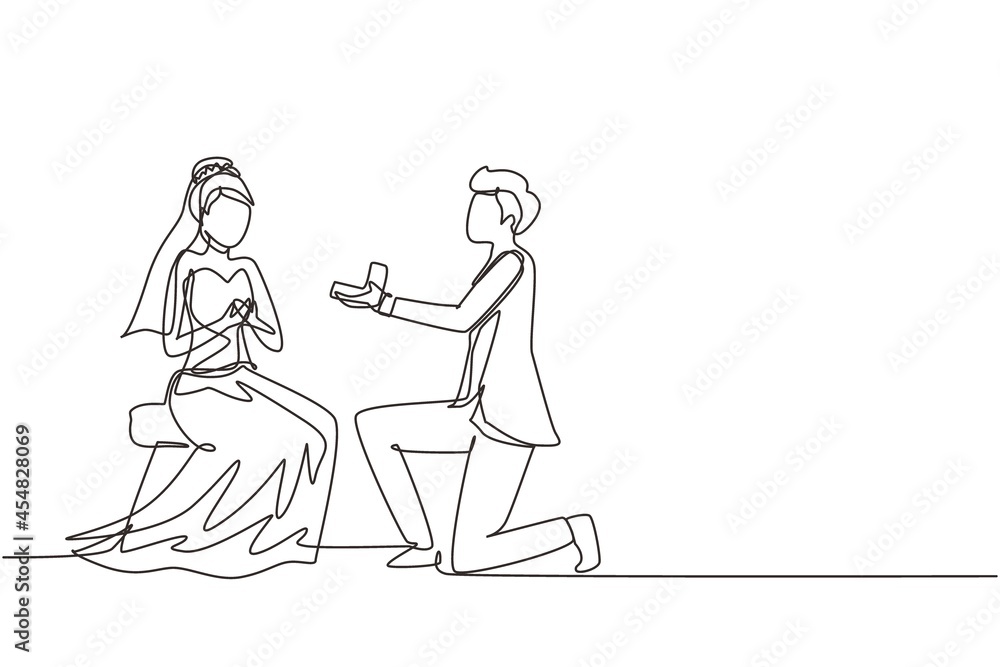Single continuous line man makes marriage proposal woman with wedding dress and gives ring. Happy couple getting ready for wedding. Bride and groom celebrate engagement. One line draw design vector Single continuous line man makes marriage proposal woman with wedding dress and gives ring. Happy couple getting ready for wedding. Bride and groom celebrate engagement. One line draw design vector