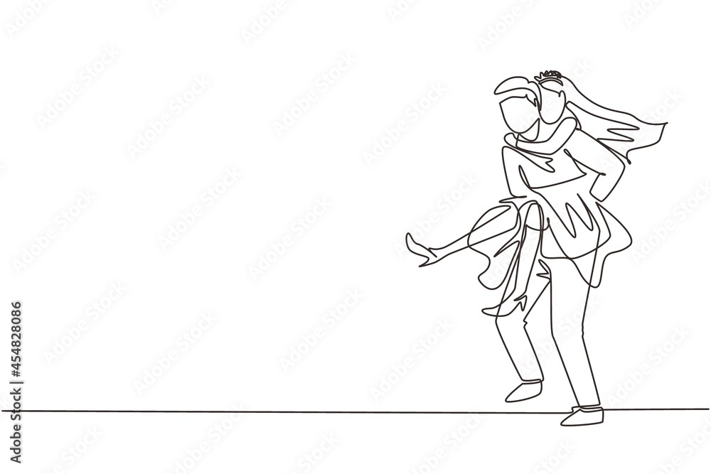 Continuous one line drawing husband carry his wife on his back. Romantic couple with wedding dress. Relationship concept in supporting and helping in any situation. Single line draw design vector