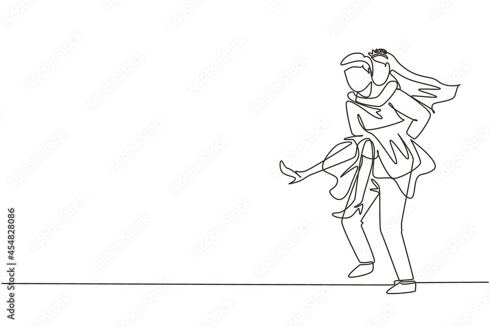 Continuous one line drawing husband carry his wife on his back. Romantic couple with wedding dress. Relationship concept in supporting and helping in any situation. Single line draw design vector Continuous one line drawing husband carry his wife on his back. Romantic couple with wedding dress. Relationship concept in supporting and helping in any situation. Single line draw design vector