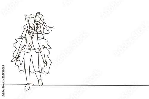 Single continuous line happy man with suit carrying and embracing woman with wedding dress. Romantic couple in love. Couple relationship celebrate wedding party. One line draw graphic design vector