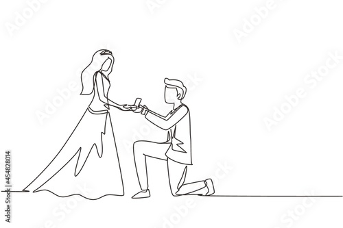 Continuous one line drawing man kneeling offering engagement ring to his girlfriend. Young guy on knees proposing girl to marry. Marriage proposal with wedding dress. Single line draw design vector