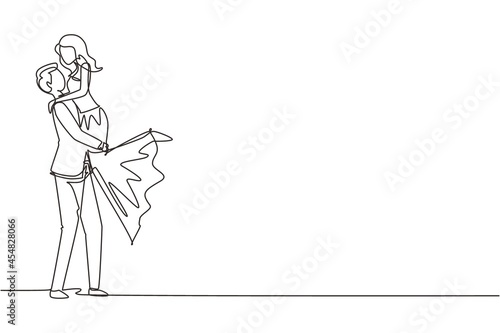 Single continuous line happy man carrying and embracing woman with wedding dress. Cute romantic married couple relationship celebrate wedding party. One line draw graphic design vector illustration