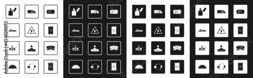 Set Oil industrial factory building, drop with recycle, tanker ship, Lighter, Barrel oil, Tanker truck, railway cistern and platform the sea icon. Vector