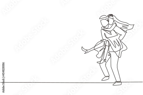 Wallpaper Mural Continuous one line drawing husband carry his wife on his back. Romantic couple with wedding dress. Relationship concept in supporting and helping in any situation. Single line draw design vector Torontodigital.ca