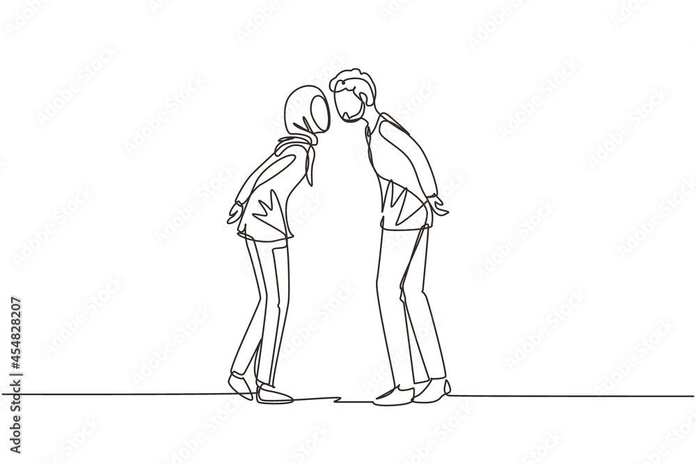 Single continuous line drawing Arabian boy and girl in love and kissing. Couple lovers kissing and hugging. Happy man and woman celebrating wedding anniversary. One line draw graphic design vector