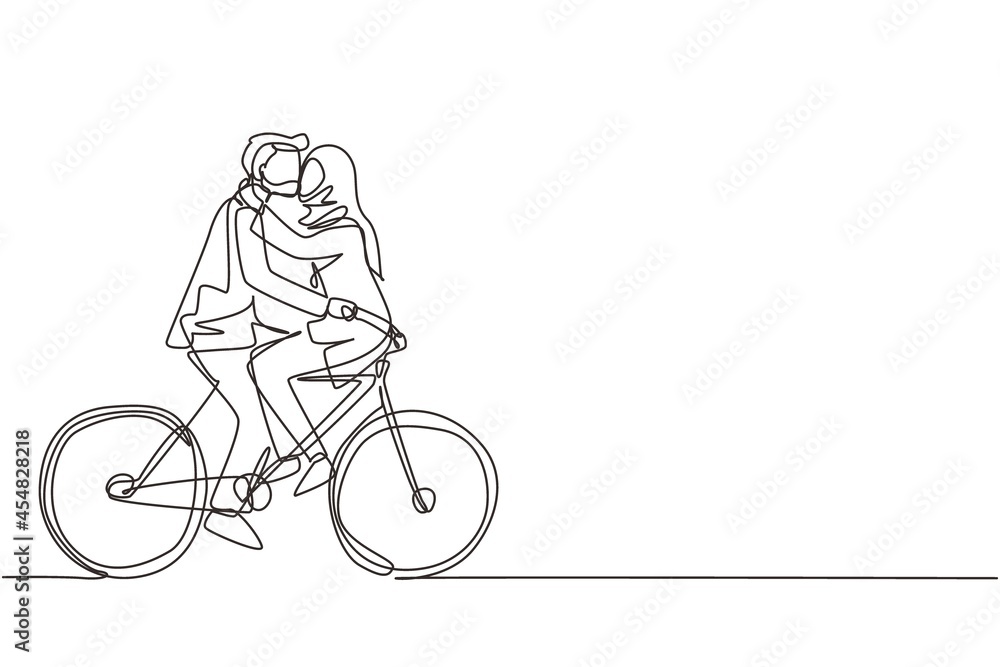 Single one line drawing active Arabian couple riding on bike together. Happy enamored man and woman cyclist hugging feeling love. Smiling people enjoying outdoors activity. Continuous line draw design Single one line drawing active Arabian couple riding on bike together. Happy enamored man and woman cyclist hugging feeling love. Smiling people enjoying outdoors activity. Continuous line draw design