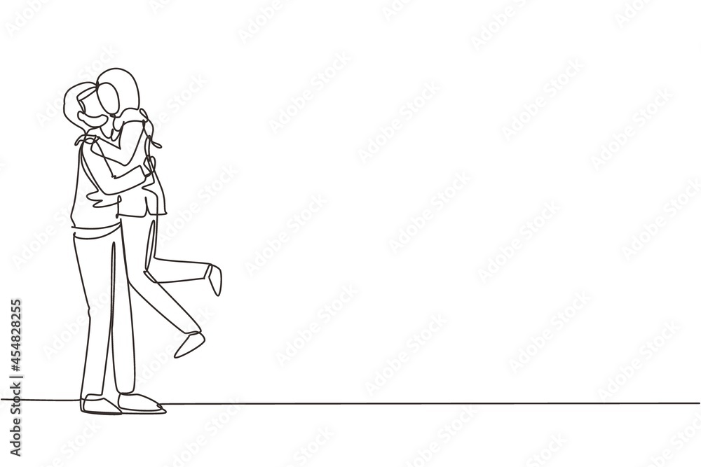 Continuous one line drawing romantic Arabian couple in love kissing and hugging. Happy man carrying a pretty woman celebrating wedding anniversary. Single line draw design vector graphic illustration