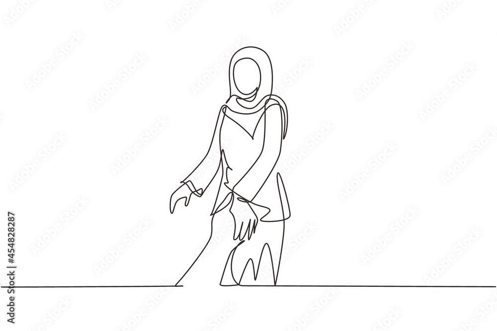 Continuous one line drawing Arabic woman walking on romantic honeymoon promenade holiday holding hand of husband following her, view from behind. Couple summer vacation. Single line draw design vector