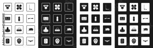 Set Ice hockey stick and puck, Fitness shaker, Hockey mechanical scoreboard, Medal, Human broken bone, Crossed bandage plaster, resurfacer and Mallet for playing air icon. Vector