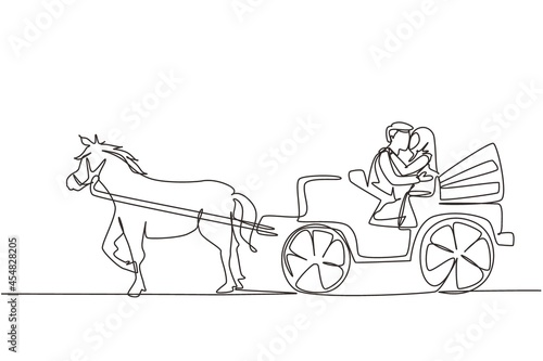 Single one line drawing wedding Arab couple trying kiss each other. Just married. Happiness bride and groom sitting in carriage pulled by horse. Continuous line draw design graphic vector illustration