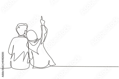 Single continuous line drawing young Arabian girl in love sit lay on shoulder her boyfriend and looking at moon and stars. Man and woman enjoying romantic night together. One line draw graphic design