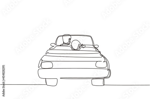 Single continuous line drawing back view loving Arabian couple sitting and hugging in convertible car. Man woman getting ready for wedding. Engagement and love relations. One line draw graphic design