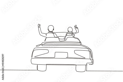 Single continuous line drawing back view Arabian happy free couple driving in cabriolet car in city cheering joyful with arms raised. Couple summer vacation travel. One line draw graphic design vector