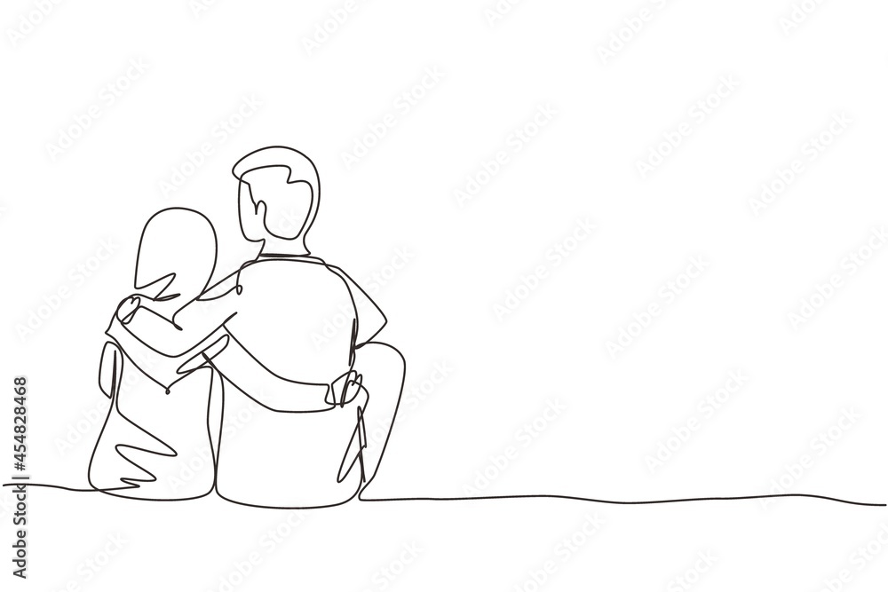 Single continuous line drawing romantic Arab couple in love sitting and hugging at city park. Happy couple getting ready for wedding. Engagement and love relation. One line draw graphic design vector