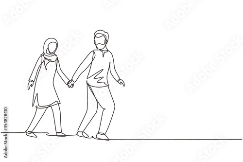 Continuous one line drawing happy Arabian man pulled woman hand. Romantic couple walking on romantic honeymoon promenade holiday. Couple summer vacation. Single line design vector graphic illustration