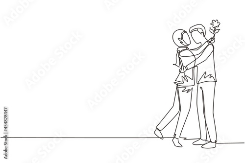 Single one line drawing Arabian boy giving rose flower to girl. Man in love giving flowers. Couple getting ready for wedding. Engagement and love relation. Continuous line draw design graphic vector