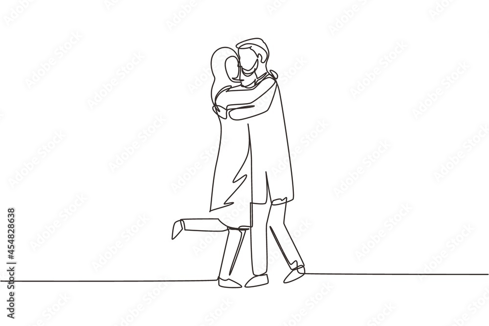 Single continuous line drawing cute Arab couple in romantic pose. Happy man hugging his partner woman. Intimacy celebrates wedding anniversary. Dynamic one line draw graphic design vector illustration Single continuous line drawing cute Arab couple in romantic pose. Happy man hugging his partner woman. Intimacy celebrates wedding anniversary. Dynamic one line draw graphic design vector illustration