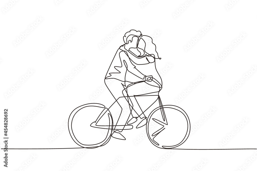 Obraz premium Single continuous line drawing active couple riding on bike together. Happy enamored man and woman cyclist hugging feeling love. Smiling people enjoying outdoors activity. One line draw graphic vector