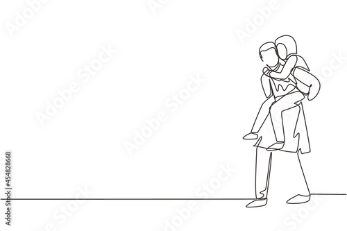 Single continuous line drawing Arabic man carry his girlfriend on his back. Happy romantic couple in love. Relationship concept in always supporting and helping in any situation. One line draw graphic