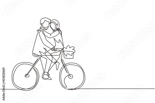 Single one line drawing young Arabian man and woman riding bicycle face to face. Happy romantic couple is riding bicycle together. Happy family. Continuous line draw design graphic vector illustration