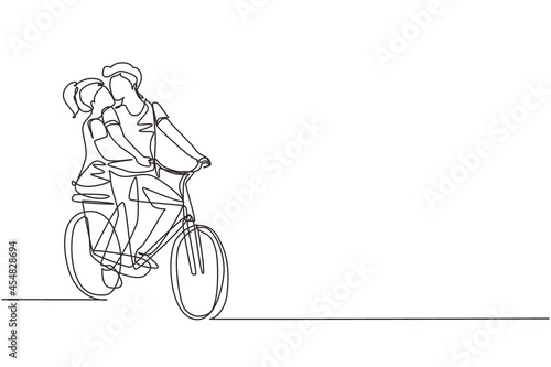 Continuous one line drawing young loving couple cycling. Romantic human relations, love story, newlywed family in honeymoon traveling adventure, passion, emotions. Single line design vector graphic