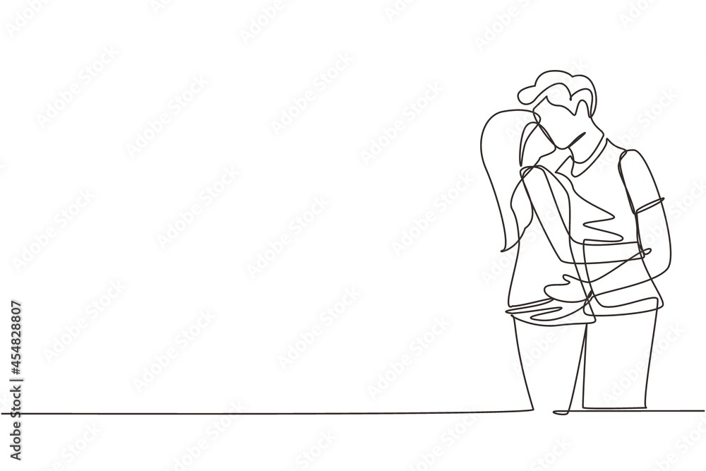 Single one line drawing boy and girl in love and kissing. Couple lovers kissing and hugging. Happy man and woman celebrating wedding anniversary. Continuous line design graphic vector illustration