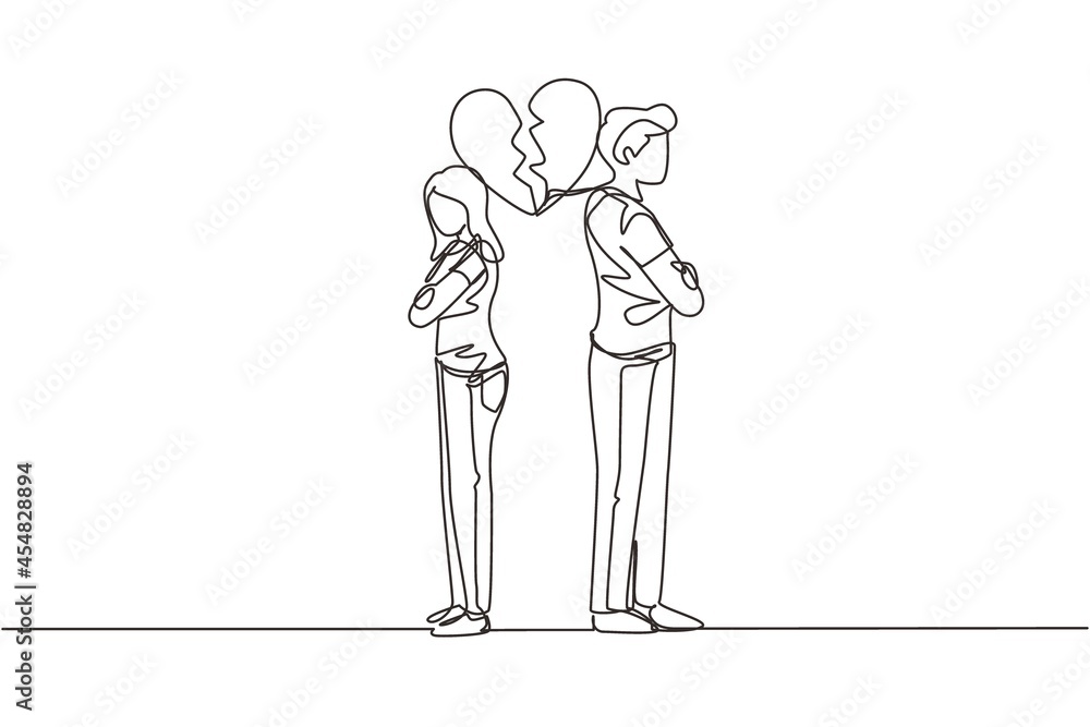 Single continuous line drawing divorced couple or couples are angry ...