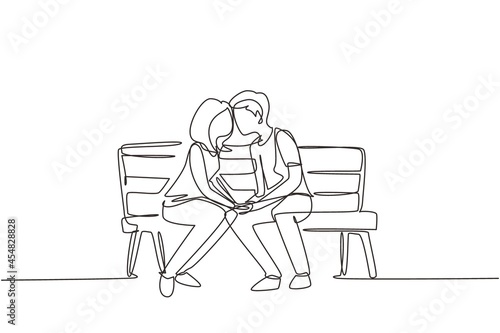 Single one line drawing kissing couple. Young man and woman face to face sitting on park bench and funny kissing. Romantic couple dating in spring. Modern continuous line draw design graphic vector