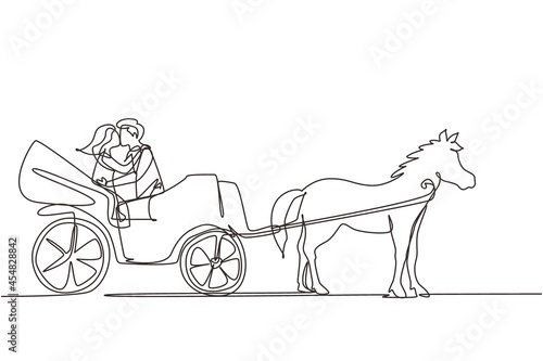 Single one line drawing wedding couple trying kiss each other. Just married. Happiness bride and groom sitting in carriage pulled by horse. Continuous line draw design graphic vector illustration