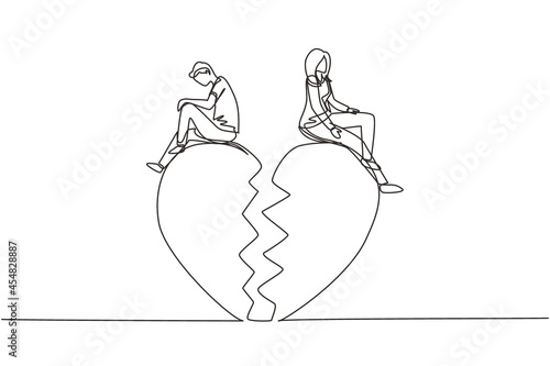 Single continuous line drawing relationship break up, broken heart, couple facing opposite direction. Couple sitting on big broken heart shape. Dynamic one line draw graphic design vector illustration