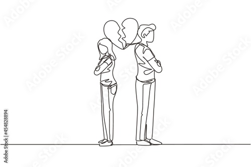 Single continuous line drawing divorced couple or couples are angry. Relationship break up, broken heart, couple facing opposite direction. Dynamic one line draw graphic design vector illustration