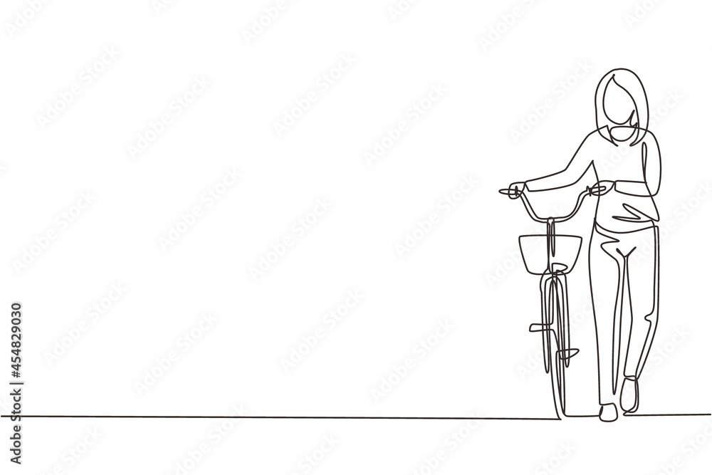 Single one line drawing walking young female with bicycles. Happy woman take walk with bicycle at city road. Healthy lifestyle of urban people. Continuous line draw design graphic vector illustration
