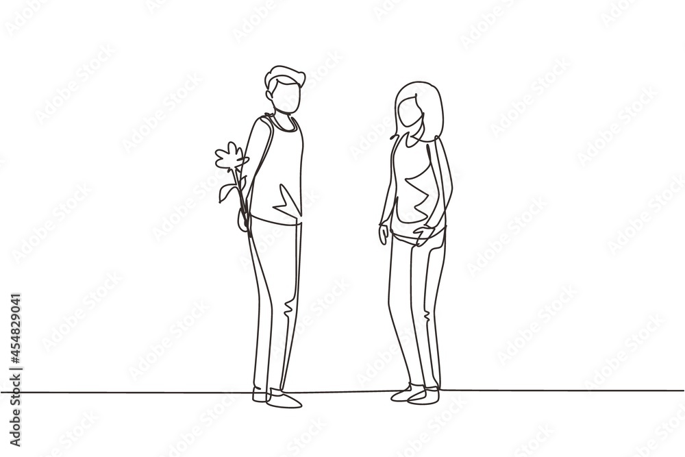 Continuous one line drawing man holding flowers behind his back and standing in front of woman. Happy boy giving rose flower to girl. Young man and woman met for dating. Single line draw design vector
