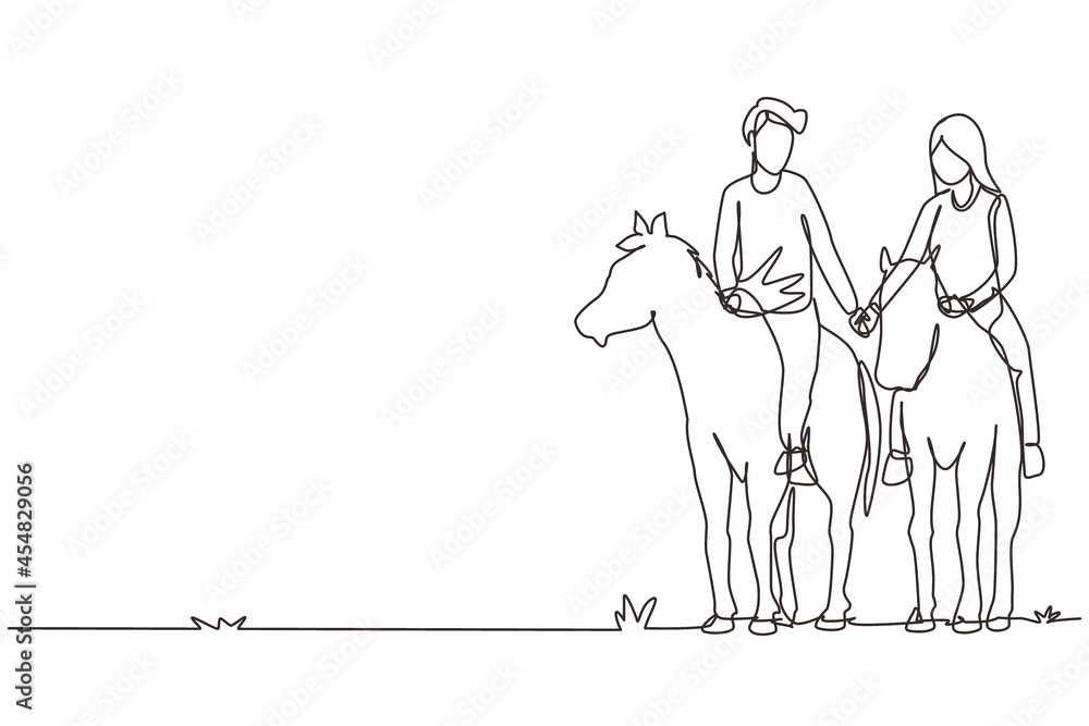 Fototapeta premium Continuous one line drawing couple riding horses hand in hand at sunset. Happy man making proposal marriage to woman. Engagement and love relation. Single line draw design vector graphic illustration