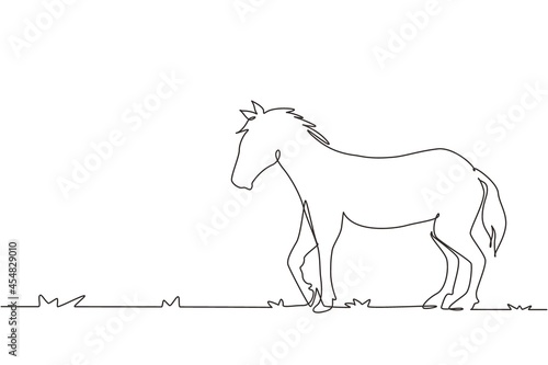 Continuous one line drawing proud white horse walks gracefully with strong character. Wild mustang gallops in free nature. Animal mascot for ranch. Single line draw design vector graphic illustration