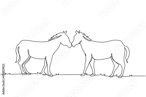 Single continuous line drawing two horses walks gracefully face to face. Wild mustang gallops in free nature. Animal mascot for horse ranch. Dynamic one line draw graphic design vector illustration
