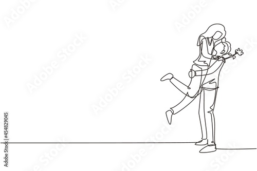 Single one line drawing man making proposal marriage to woman with rose flower. Boy surprises his girl and giving flowers. Engagement and love relation. Continuous line draw design graphic vector