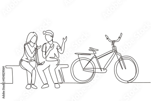 Single continuous line drawing romantic couple chatting while sitting on bench. Romantic teenage couple ride bike. Young man and woman in love. Dynamic one line draw graphic design vector illustration