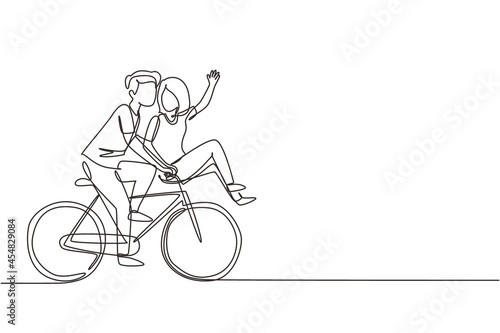 Single one line drawing cute romantic couple on date riding bicycle. Young man and woman in love. Happy married couple cycling together. Modern continuous line draw design graphic vector illustration