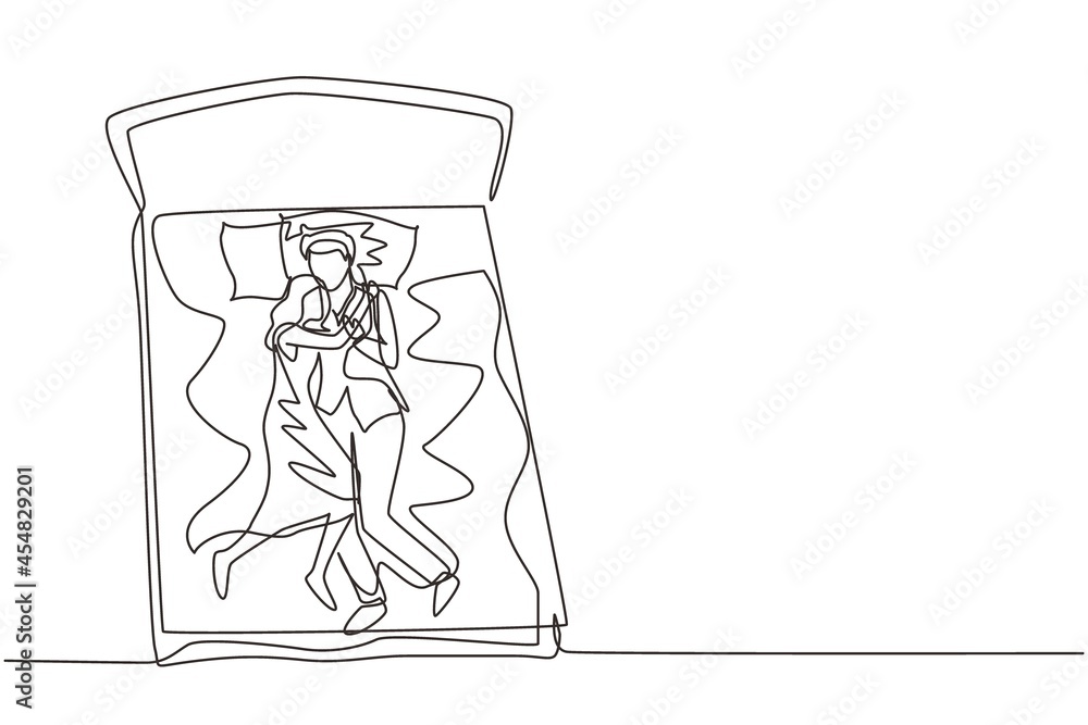 Continuous one line drawing male and female couple embracing affectionately in bed, men and women sleeping on bed while hugging lovingly, sleeping pose of lover. Single line draw design vector graphic
