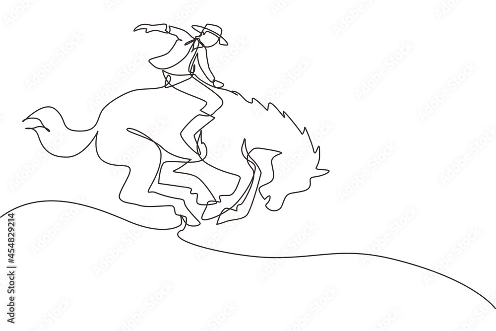 Single one line drawing cowboy taming wild horse at rodeo. cowboy on wild horse mustang. Rodeo cowboy riding wild horse on wooden sign. Modern continuous line draw design graphic vector illustration Single one line drawing cowboy taming wild horse at rodeo. cowboy on wild horse mustang. Rodeo cowboy riding wild horse on wooden sign. Modern continuous line draw design graphic vector illustration
