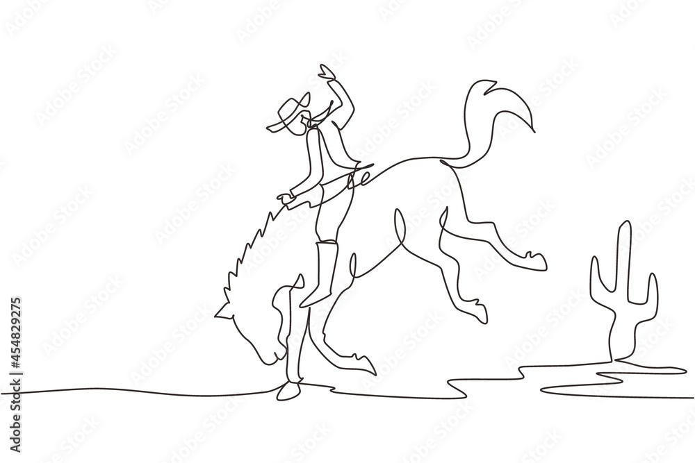 Single continuous line drawing cowboy on wild horse mustang. Rodeo cowboy riding wild horse on wooden sign. Cowboy riding wild horse race. Dynamic one line draw graphic design vector illustration