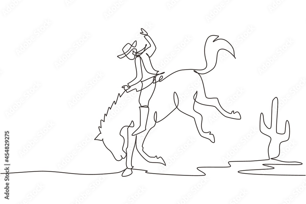 Fototapeta premium Single continuous line drawing cowboy on wild horse mustang. Rodeo cowboy riding wild horse on wooden sign. Cowboy riding wild horse race. Dynamic one line draw graphic design vector illustration
