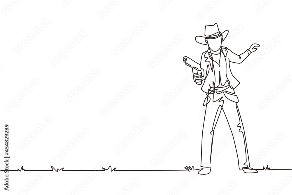 Single one line drawing smart cowboy holding his gun and aiming the guns. Wild west gunslinger style holding gun. Weapons for self-defense. Continuous line draw design graphic vector illustration