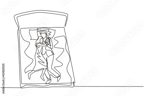 Continuous one line drawing male and female couple embracing affectionately in bed, men and women sleeping on bed while hugging lovingly, sleeping pose of lover. Single line draw design vector graphic