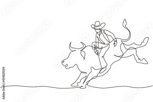 Continuous one line drawing cowboy riding wild bull for exciting rodeo show. strong and brave cowboy in hat join with rodeo competition riding wild bull. Single line design vector graphic illustration